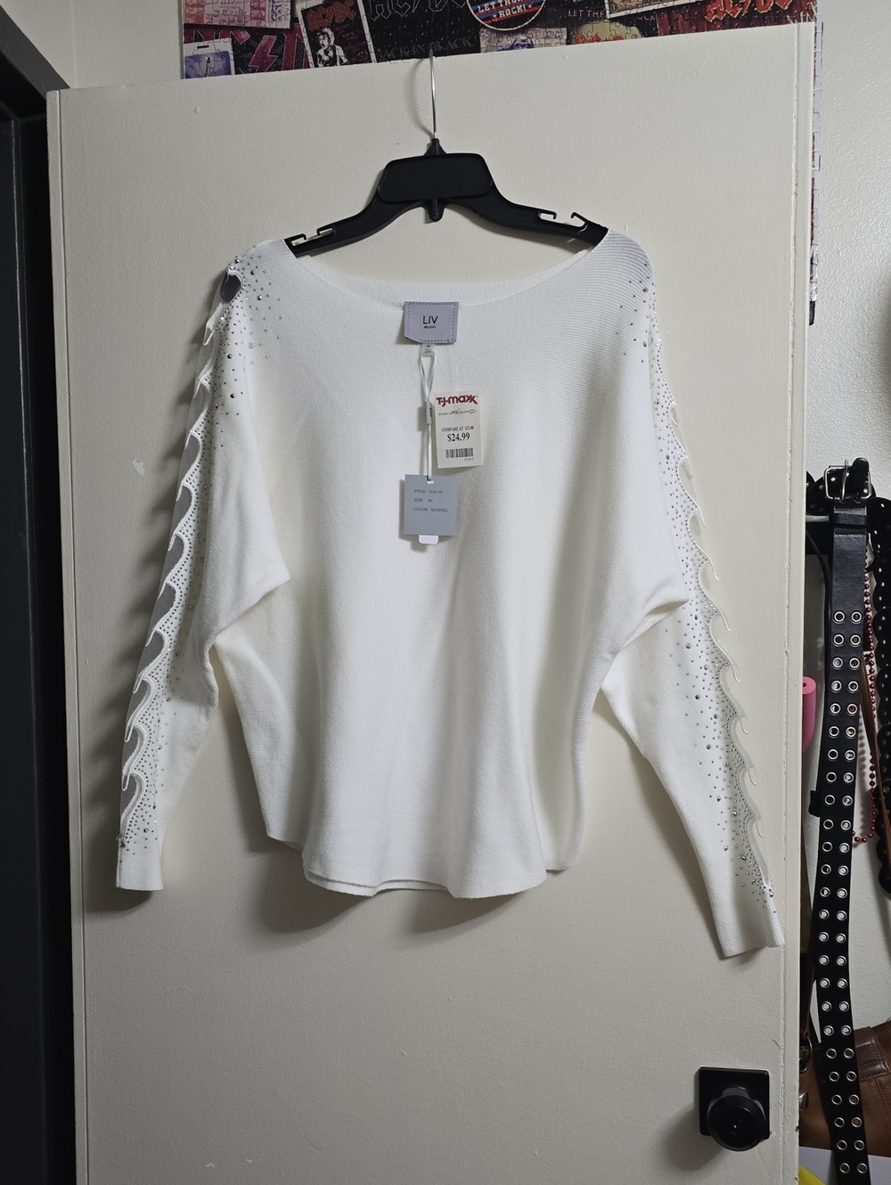 LIV White Crewneck Sweater with Lace-Trim Sleeves